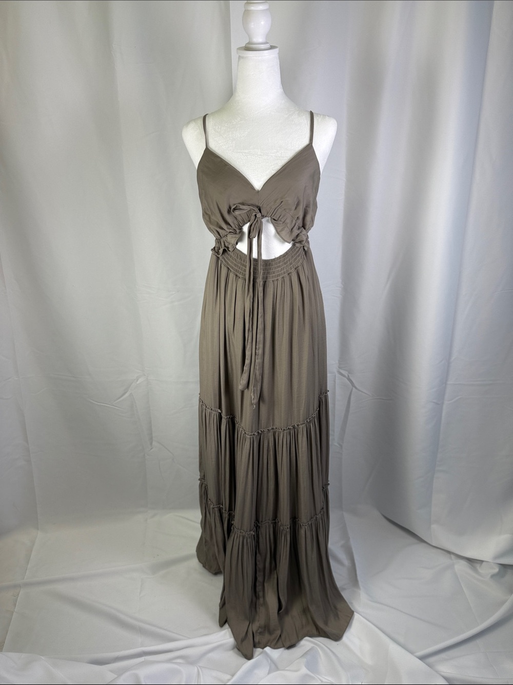 Women's Taupe Cutout Maxi Dress with Tie Front
